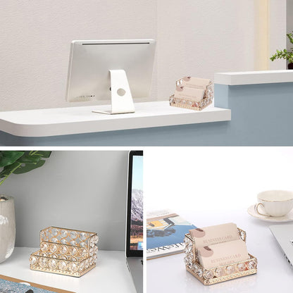 2 Tiers Crystal Business Card Holder Gold Mirrored Cards Organizer