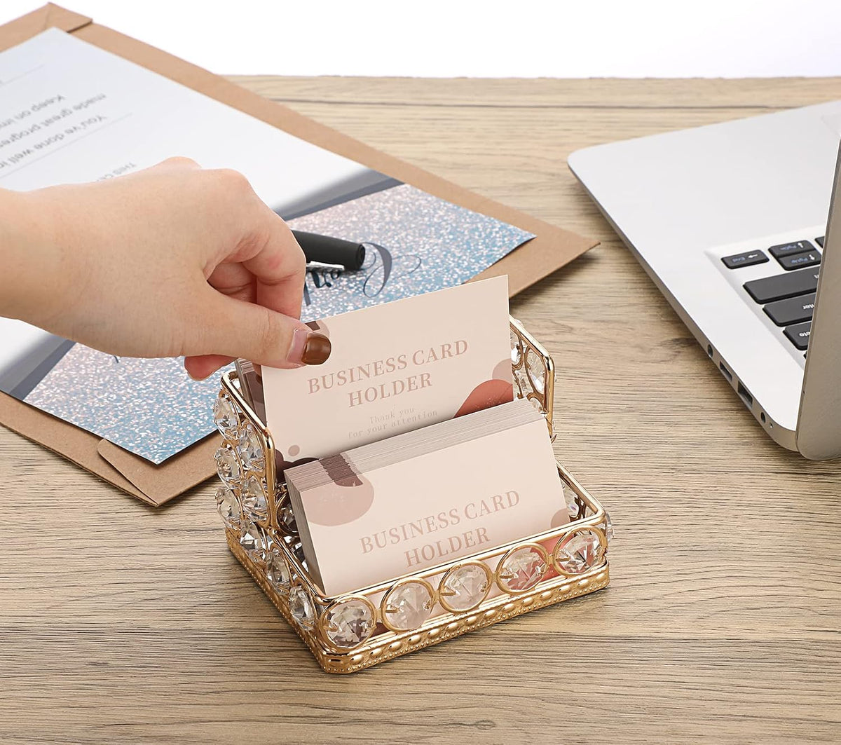 2 Tiers Crystal Business Card Holder Gold Mirrored Cards Organizer