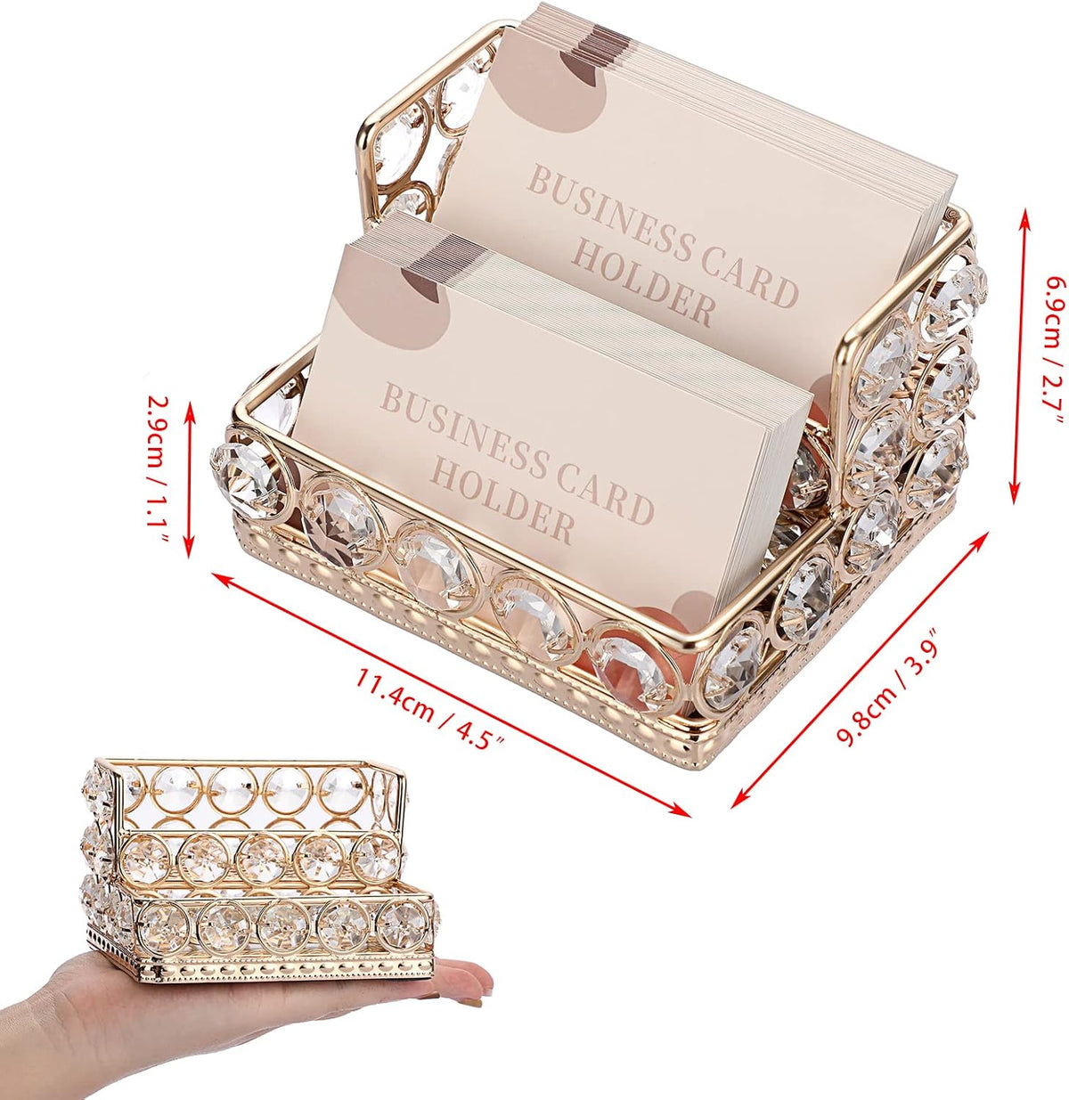 2 Tiers Crystal Business Card Holder Gold Mirrored Cards Organizer