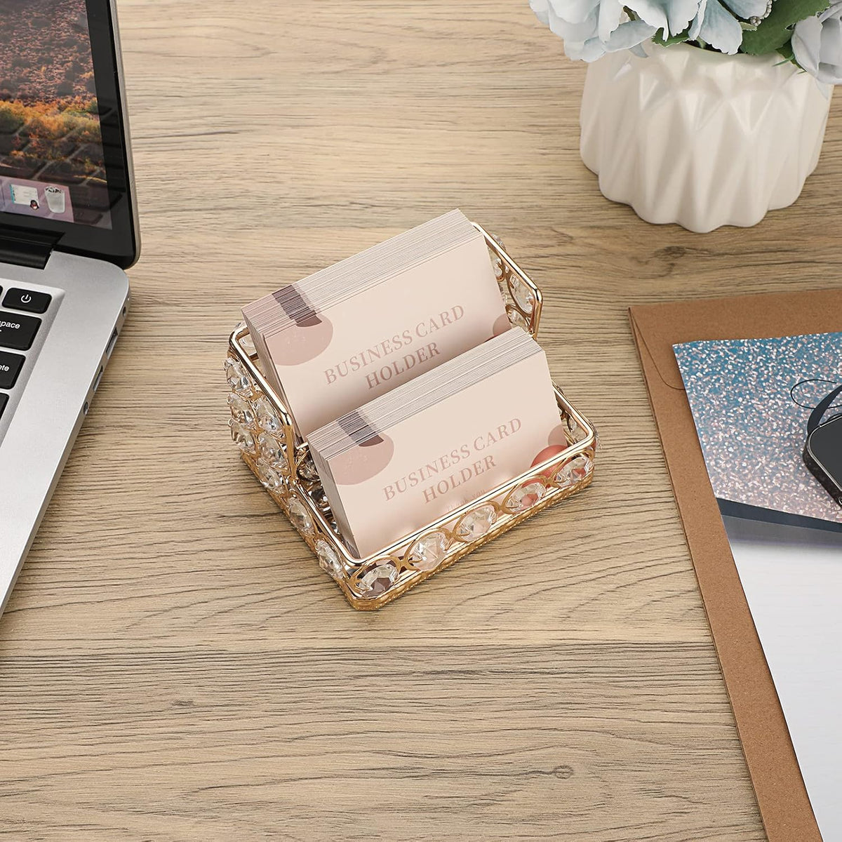 2 Tiers Crystal Business Card Holder Gold Mirrored Cards Organizer