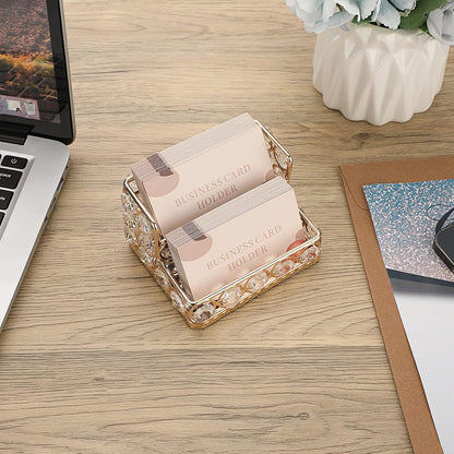 2 Tiers Crystal Business Card Holder Gold Mirrored Cards Organizer