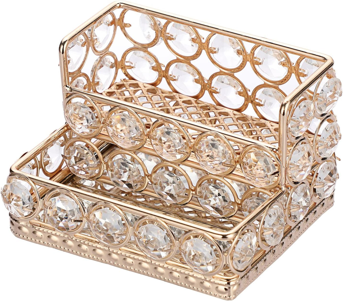 2 Tiers Crystal Business Card Holder Gold Mirrored Cards Organizer