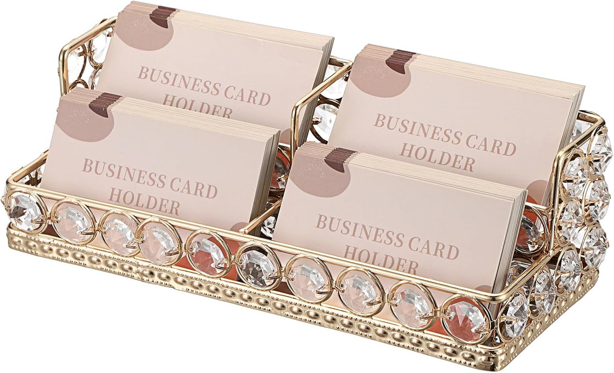 2 Tiers Crystal Business Card Holder Gold Mirrored Cards Organizer