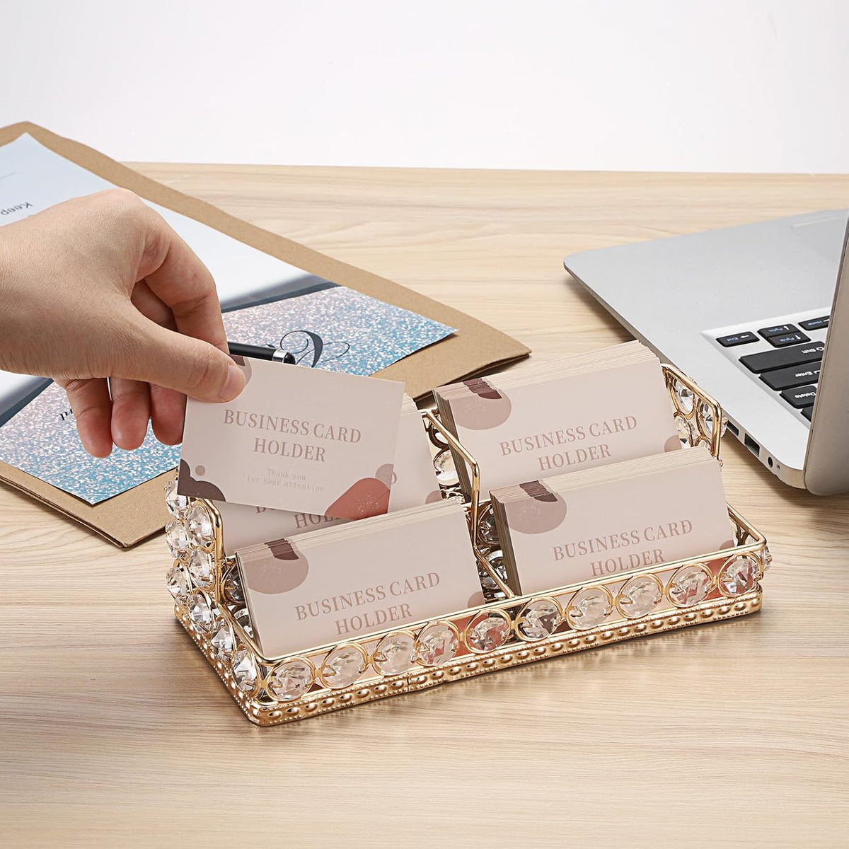 2 Tiers Crystal Business Card Holder Gold Mirrored Cards Organizer