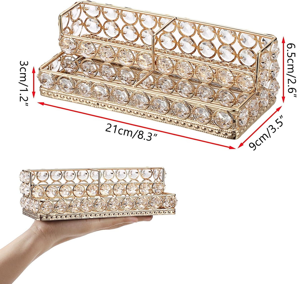 2 Tiers Crystal Business Card Holder Gold Mirrored Cards Organizer