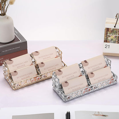 2 Tiers Crystal Business Card Holder Gold Mirrored Cards Organizer