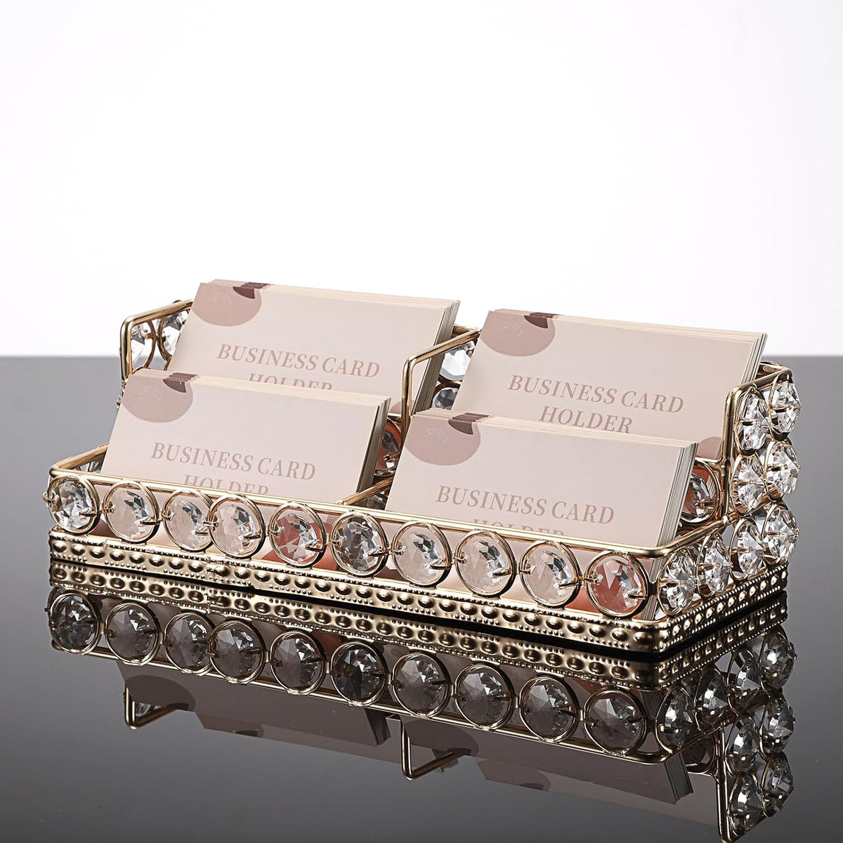 2 Tiers Crystal Business Card Holder Gold Mirrored Cards Organizer
