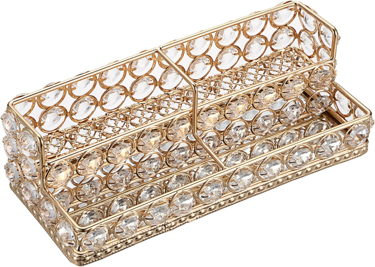 2 Tiers Crystal Business Card Holder Gold Mirrored Cards Organizer