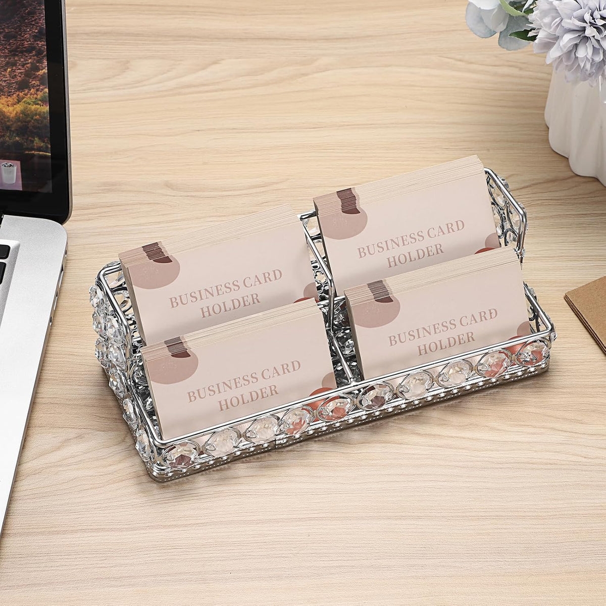 2 Tiers Crystal Business Card Holder Gold Mirrored Cards Organizer
