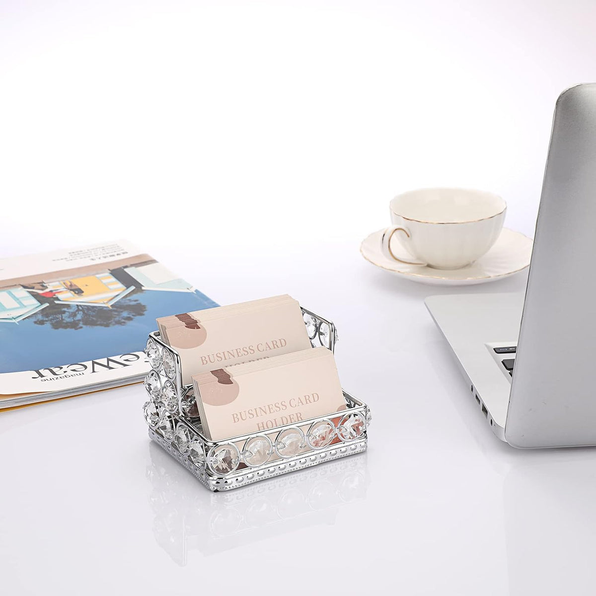2 Tiers Crystal Business Card Holder Gold Mirrored Cards Organizer