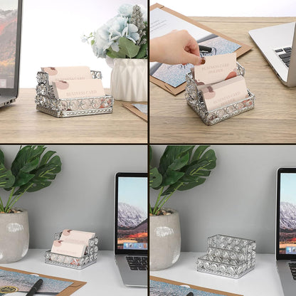 2 Tiers Crystal Business Card Holder Gold Mirrored Cards Organizer