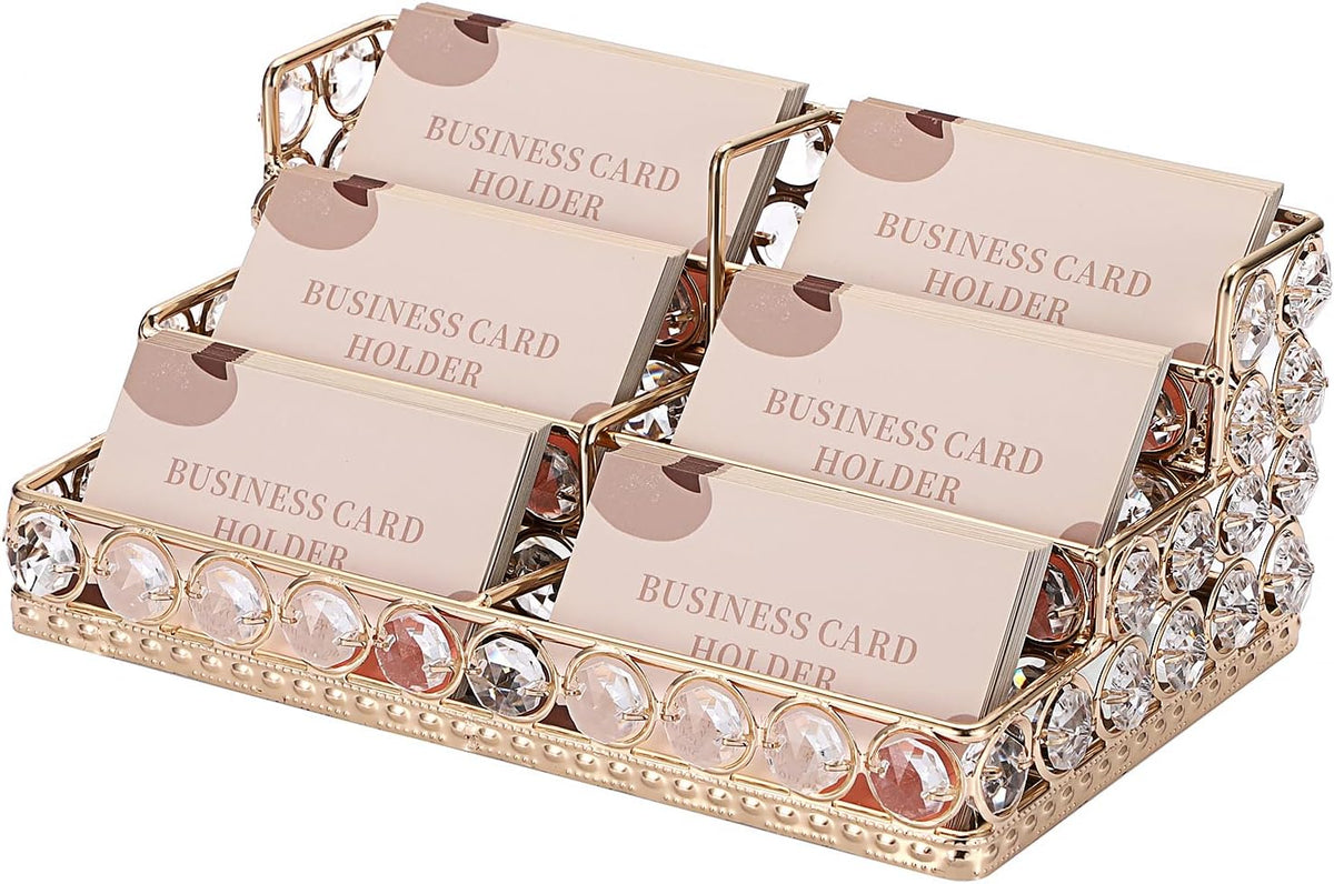 2 Tiers Crystal Business Card Holder Gold Mirrored Cards Organizer