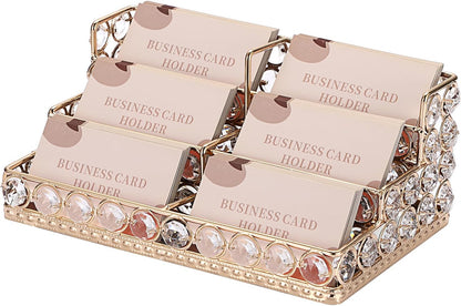 2 Tiers Crystal Business Card Holder Gold Mirrored Cards Organizer