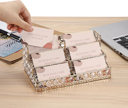 2 Tiers Crystal Business Card Holder Gold Mirrored Cards Organizer
