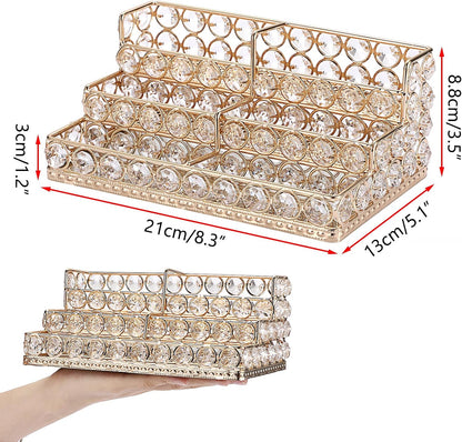 2 Tiers Crystal Business Card Holder Gold Mirrored Cards Organizer