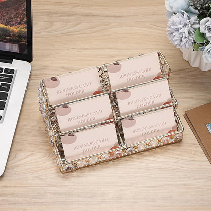 2 Tiers Crystal Business Card Holder Gold Mirrored Cards Organizer