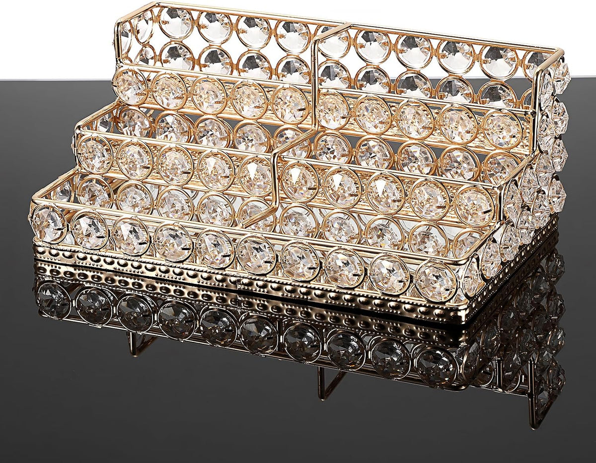 2 Tiers Crystal Business Card Holder Gold Mirrored Cards Organizer