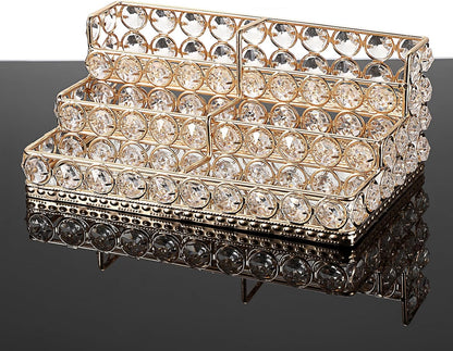2 Tiers Crystal Business Card Holder Gold Mirrored Cards Organizer