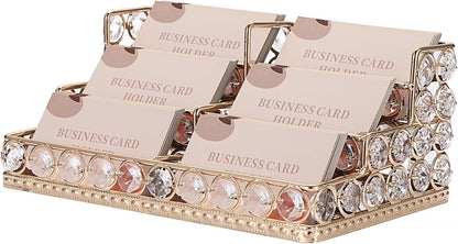 2 Tiers Crystal Business Card Holder Gold Mirrored Cards Organizer