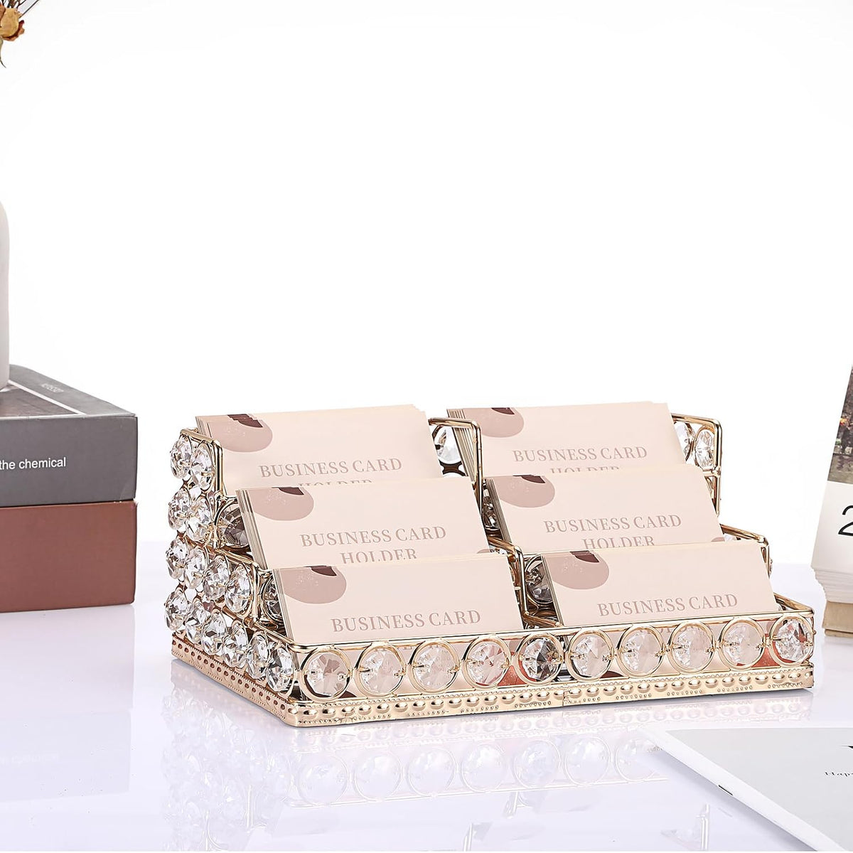 2 Tiers Crystal Business Card Holder Gold Mirrored Cards Organizer
