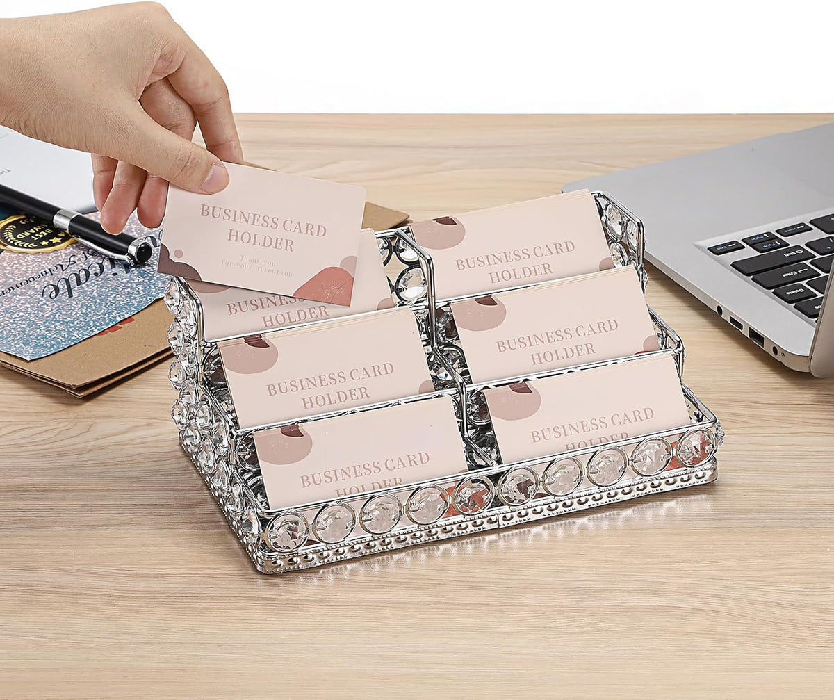 2 Tiers Crystal Business Card Holder Gold Mirrored Cards Organizer
