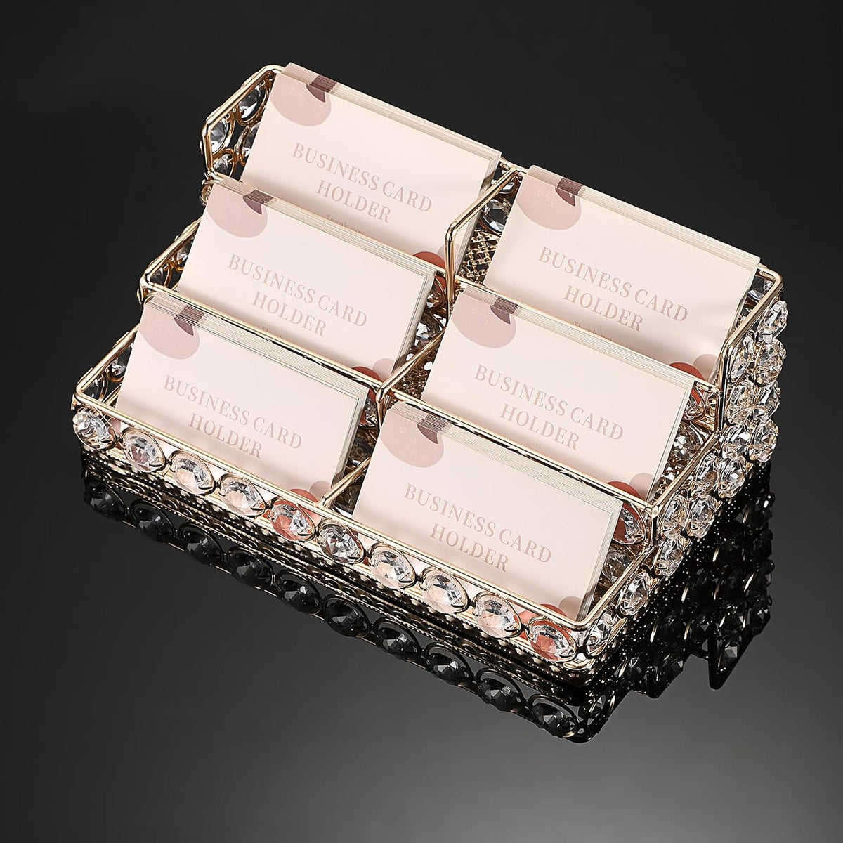 2 Tiers Crystal Business Card Holder Gold Mirrored Cards Organizer