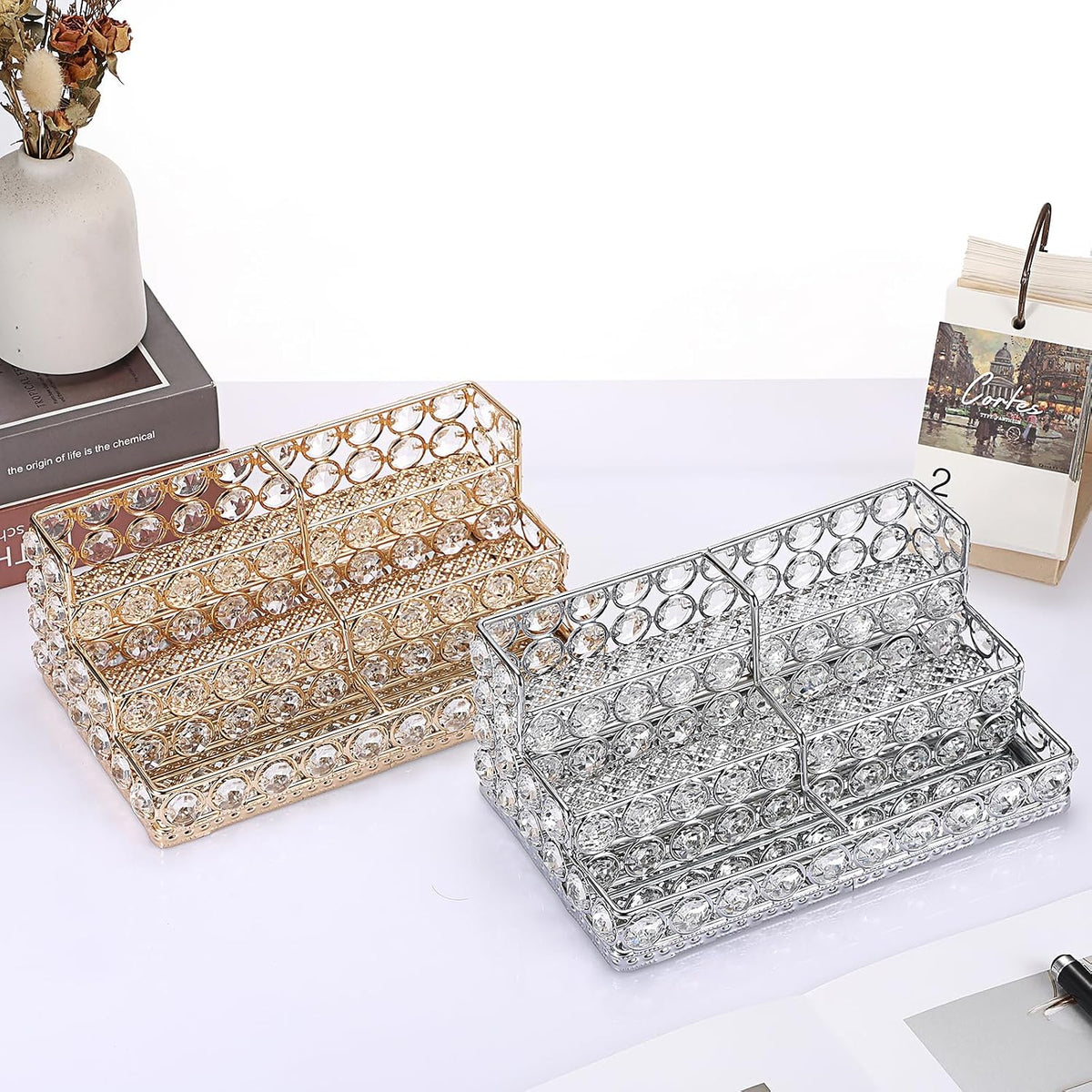 2 Tiers Crystal Business Card Holder Gold Mirrored Cards Organizer