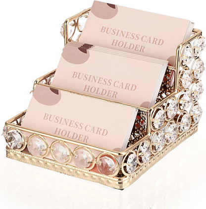 2 Tiers Crystal Business Card Holder Gold Mirrored Cards Organizer