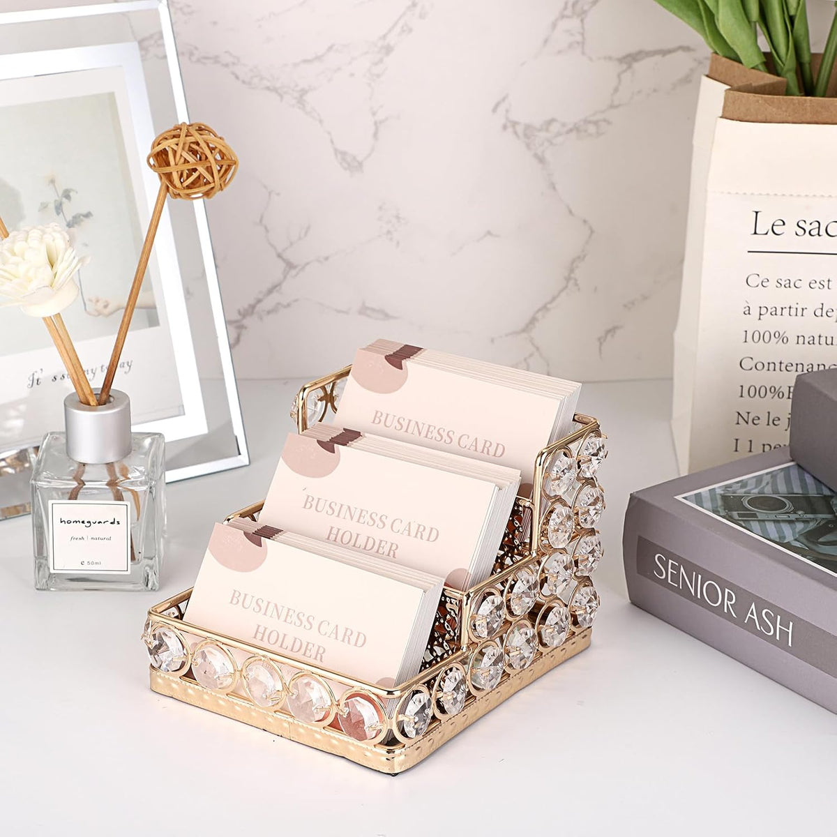 2 Tiers Crystal Business Card Holder Gold Mirrored Cards Organizer