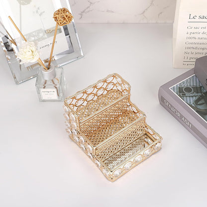 2 Tiers Crystal Business Card Holder Gold Mirrored Cards Organizer