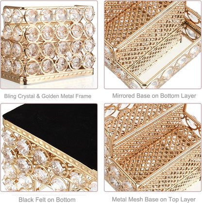 2 Tiers Crystal Business Card Holder Gold Mirrored Cards Organizer