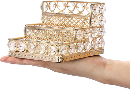 2 Tiers Crystal Business Card Holder Gold Mirrored Cards Organizer