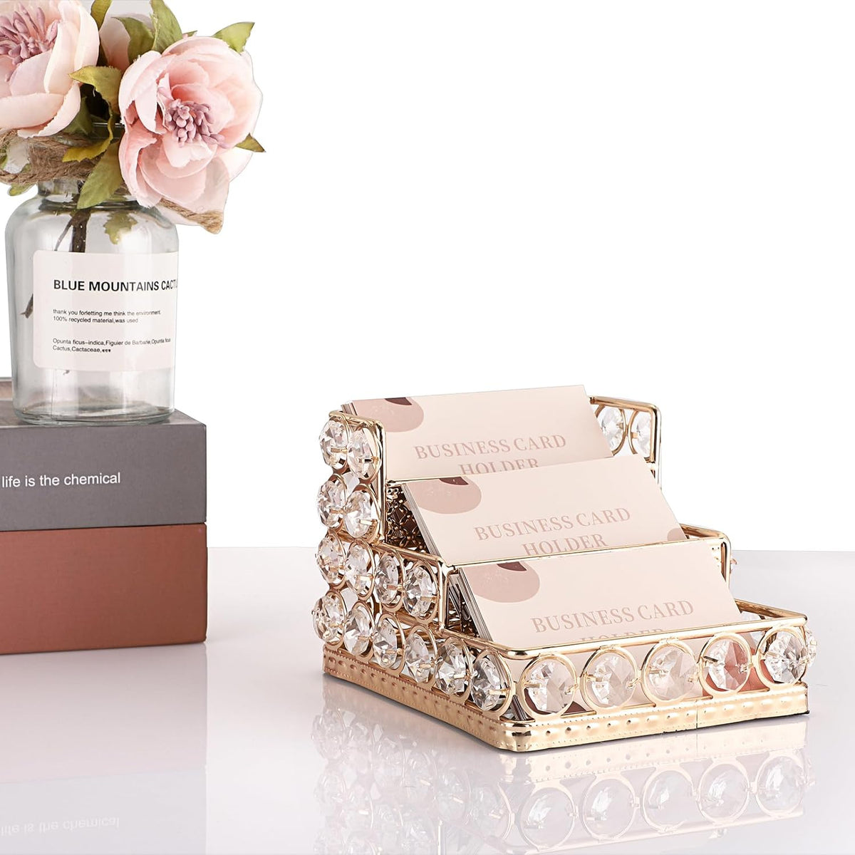 2 Tiers Crystal Business Card Holder Gold Mirrored Cards Organizer