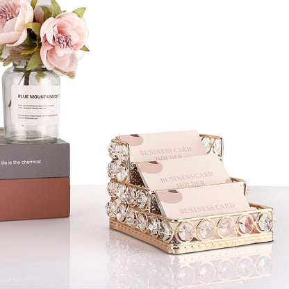 2 Tiers Crystal Business Card Holder Gold Mirrored Cards Organizer