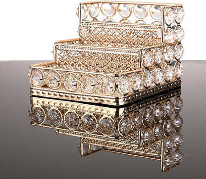 2 Tiers Crystal Business Card Holder Gold Mirrored Cards Organizer