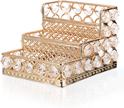 2 Tiers Crystal Business Card Holder Gold Mirrored Cards Organizer