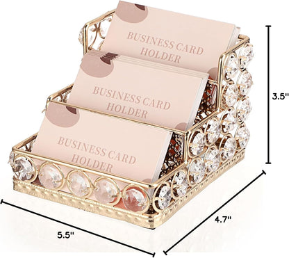 2 Tiers Crystal Business Card Holder Gold Mirrored Cards Organizer