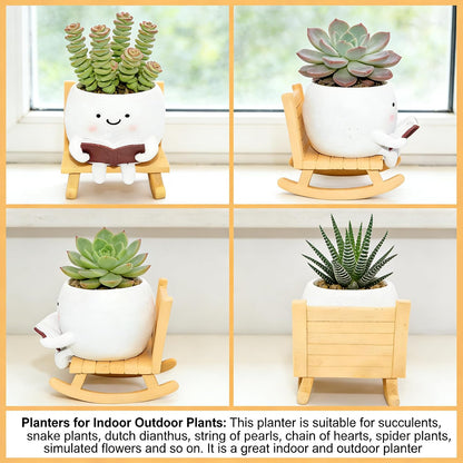 LAUGOKEBE Rocking Chair Smiley Face Planter Cute Plant Pots with Drainage