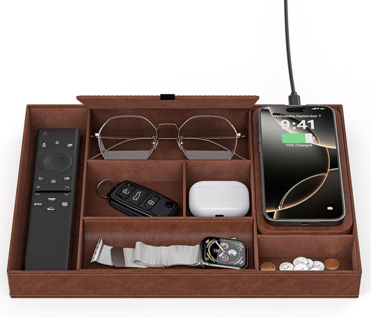 Leather Valet Tray with Wireless Charging Pad - Luxury EDC Nightstand Organizer for Men - Premium Desk Tray for Phone, Watch, Glasses & Keys - Sleek Office Desk Accessories & Gift for Him, Brown