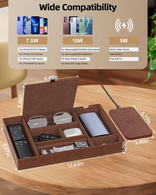 Leather Valet Tray with Wireless Charging Pad - Luxury EDC Nightstand Organizer for Men - Premium Desk Tray for Phone, Watch, Glasses & Keys - Sleek Office Desk Accessories & Gift for Him, Brown