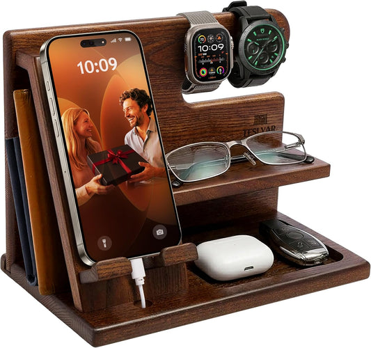 Wood Phone Docking Station for Men - Desktop or Nightstand Organizer - Birthday Gifts for Men, Dad - Anniversary Idea from Wife - Key Holder, Stand Wallet, Watch & Essentials (Bourbon Brown)