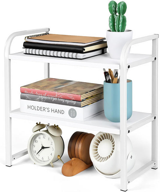 Desktop Shelf Organizer Office Desk Shelf for Top of Desk Wood & Metal Bookshelf Supplies Storage Rack (White)