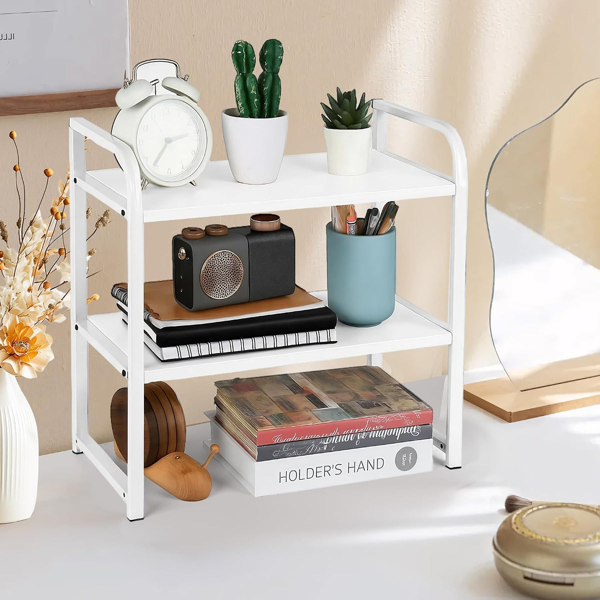 Desktop Shelf Organizer Office Desk Shelf for Top of Desk Wood & Metal Bookshelf Supplies Storage Rack (White)