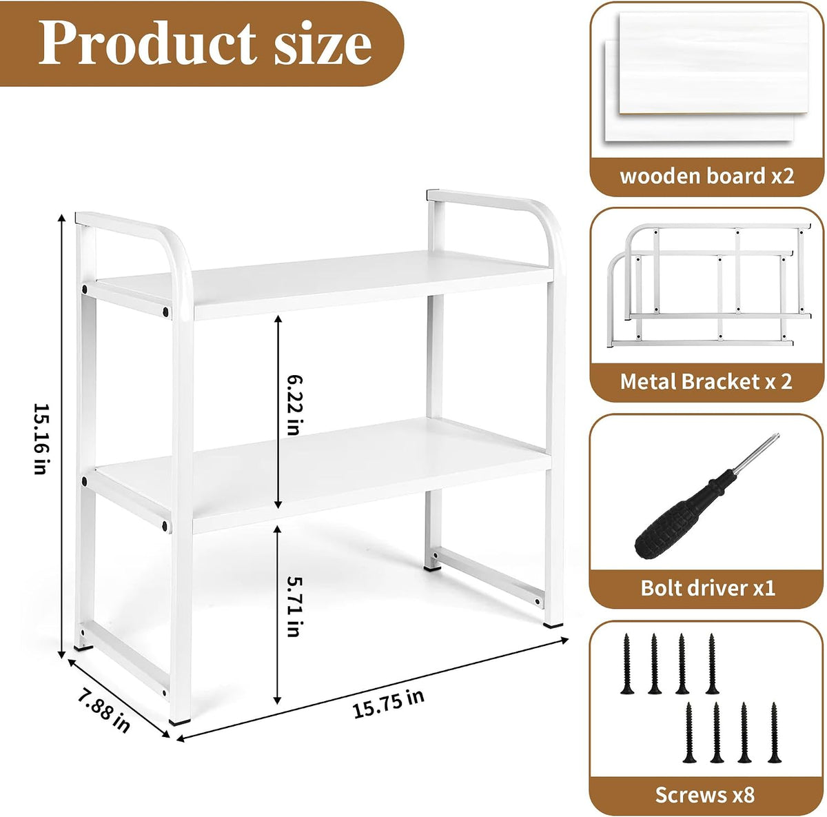 Desktop Shelf Organizer Office Desk Shelf for Top of Desk Wood & Metal Bookshelf Supplies Storage Rack (White)