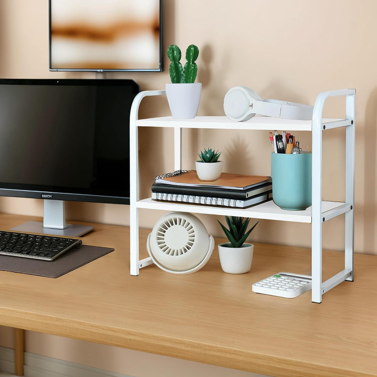 Desktop Shelf Organizer Office Desk Shelf for Top of Desk Wood & Metal Bookshelf Supplies Storage Rack (White)