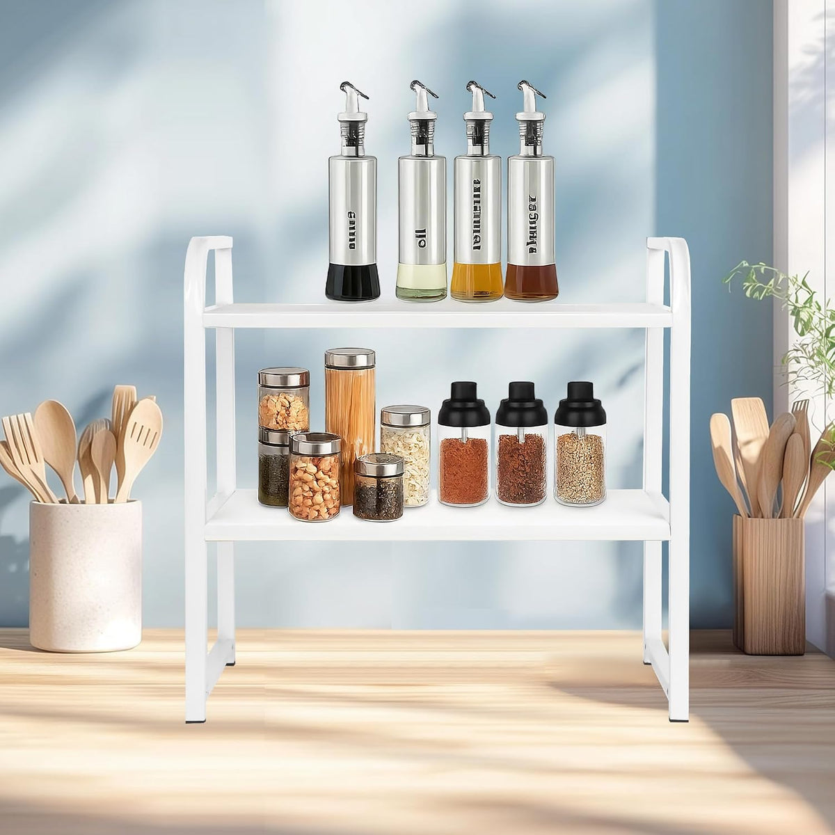 Desktop Shelf Organizer Office Desk Shelf for Top of Desk Wood & Metal Bookshelf Supplies Storage Rack (White)