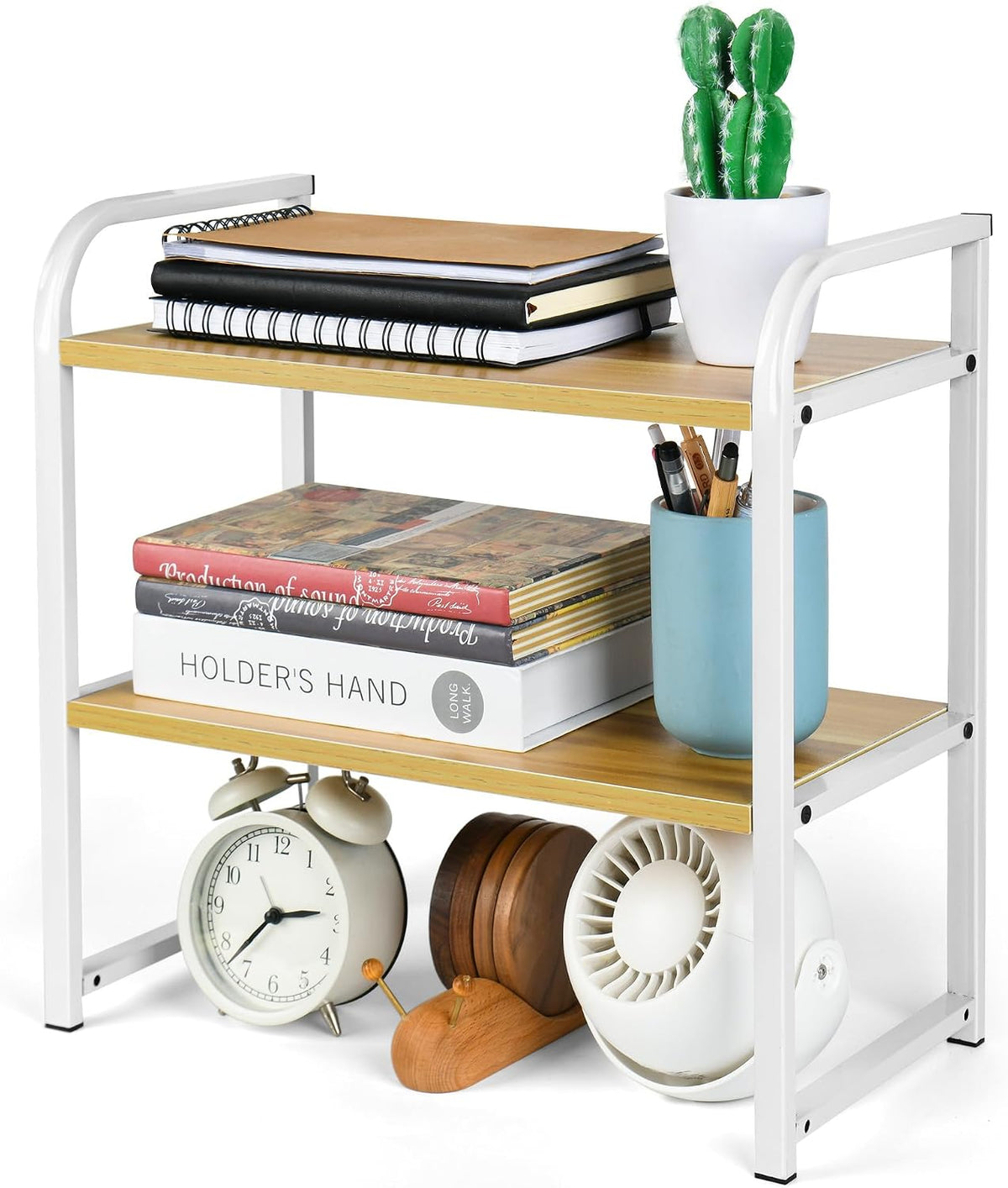 Desktop Shelf Organizer Office Desk Shelf for Top of Desk Wood & Metal Bookshelf Supplies Storage Rack (White)