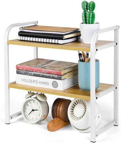 Desktop Shelf Organizer Office Desk Shelf for Top of Desk Wood & Metal Bookshelf Supplies Storage Rack (White)