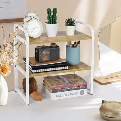 Desktop Shelf Organizer Office Desk Shelf for Top of Desk Wood & Metal Bookshelf Supplies Storage Rack (White)
