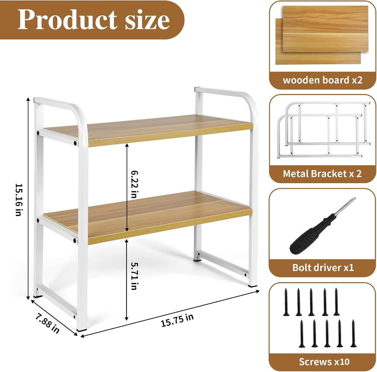 Desktop Shelf Organizer Office Desk Shelf for Top of Desk Wood & Metal Bookshelf Supplies Storage Rack (White)
